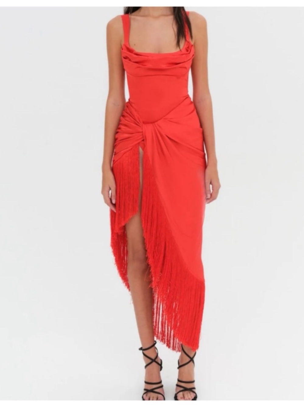 NWT For Love & Lemons Anisa Asymmetrical Silk Fringe Midi Dress - Picture 2 of 16
